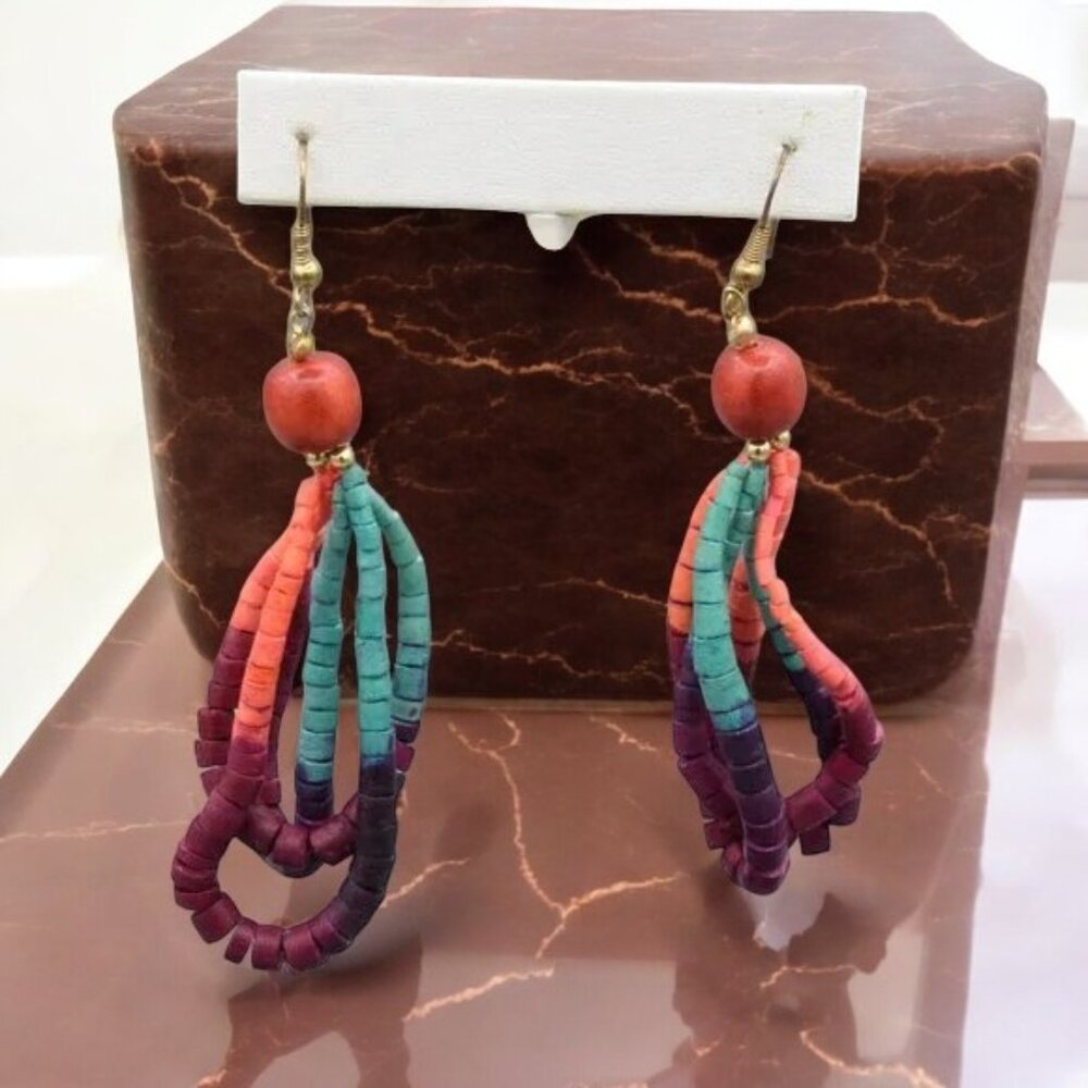 Vintage Earrings Colorful Multi Strand Wood